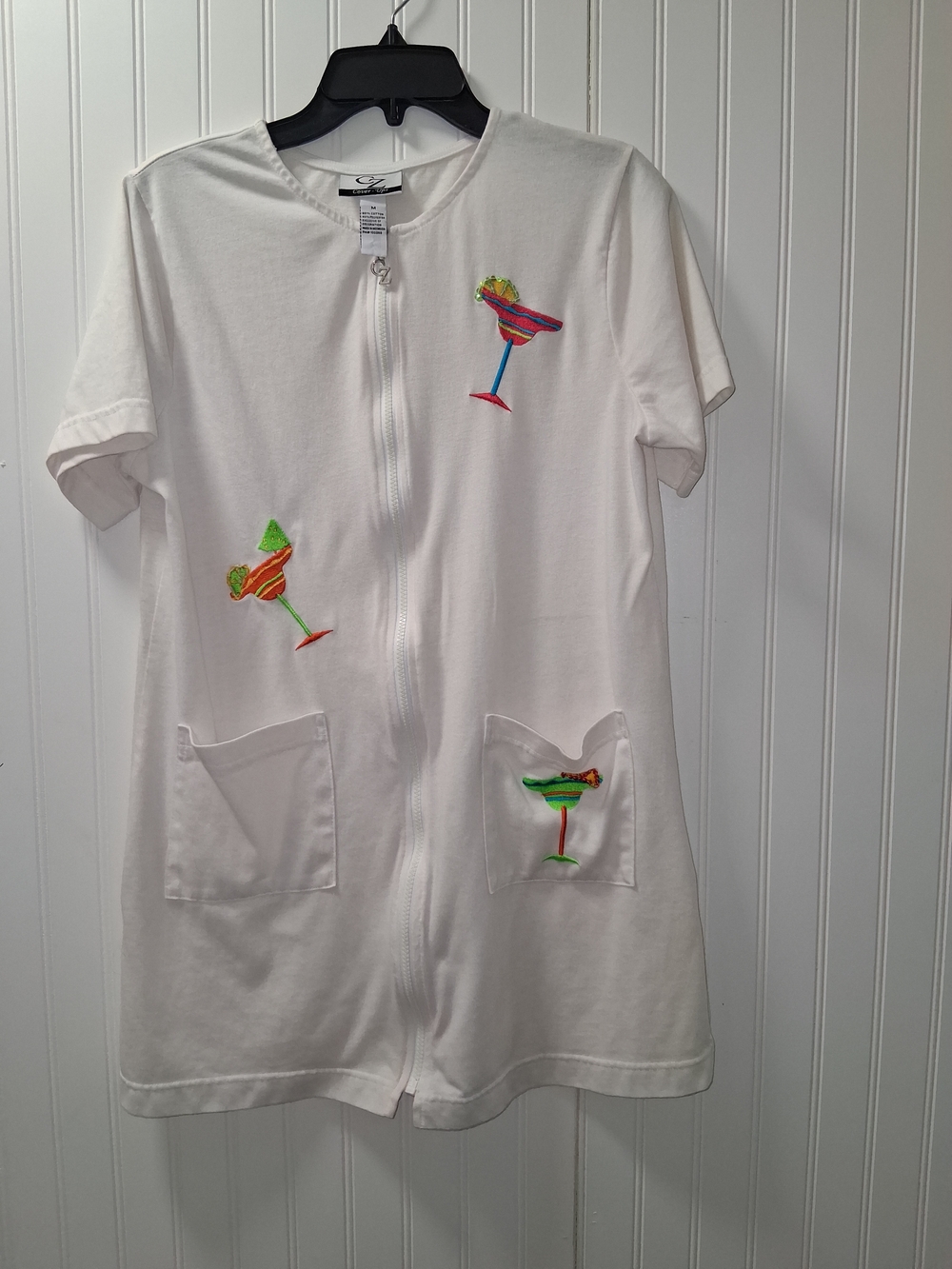 White Zip-Front Cover Up with Colorful Cocktail Embroidery